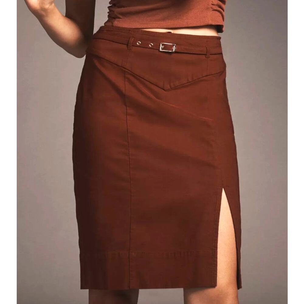 By Anthropologie Belted Pencil Skirt w/ Slit | XS, Burnt Paprika NWT